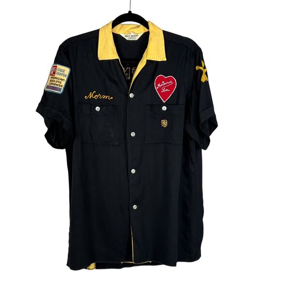 Vintage 60s Nat Nast L Bowling Shirt Embroidered Patched Metairie LA Black - Picture 1 of 10
